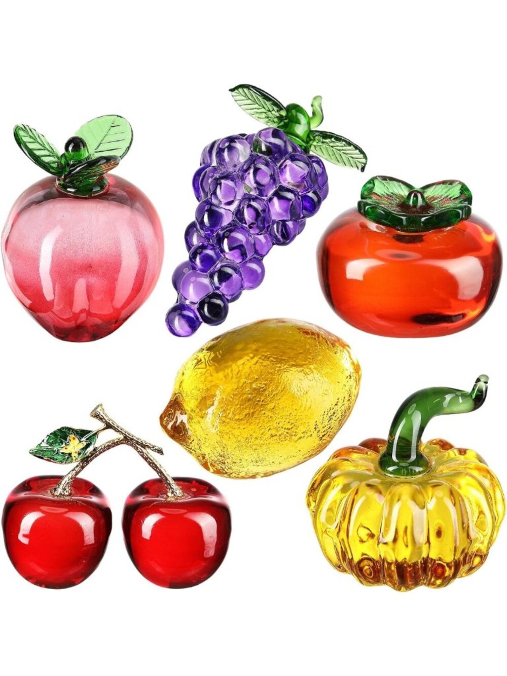 6 Pcs Hand Blown Glass Fruit Decor - Cherry, Grape, Lemon, Pumpkin & More!
